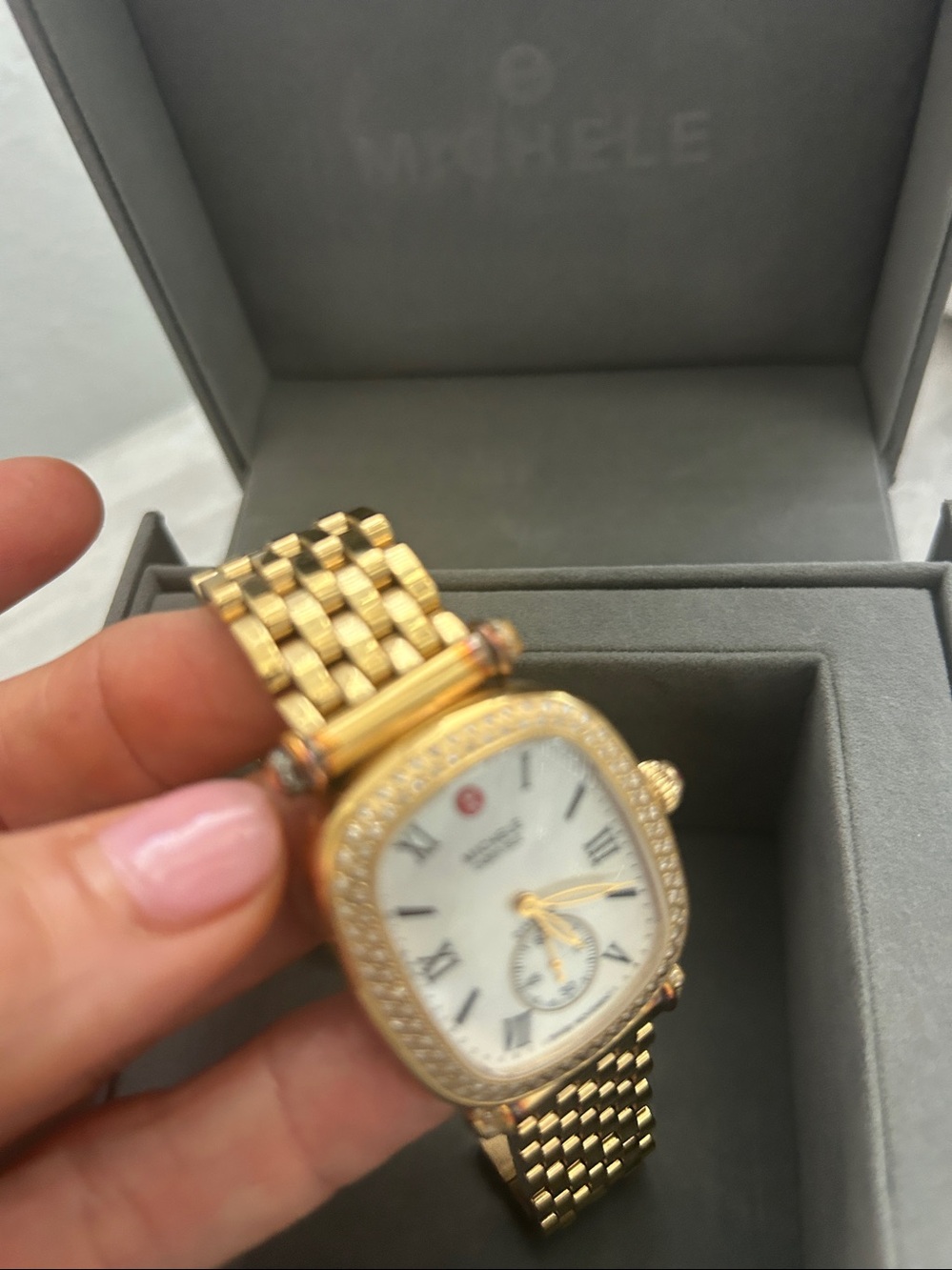 Michele Gold-Tone Diamond Bezel Mother-of-Pearl Dial Women's Watch - Picture 17 of 17